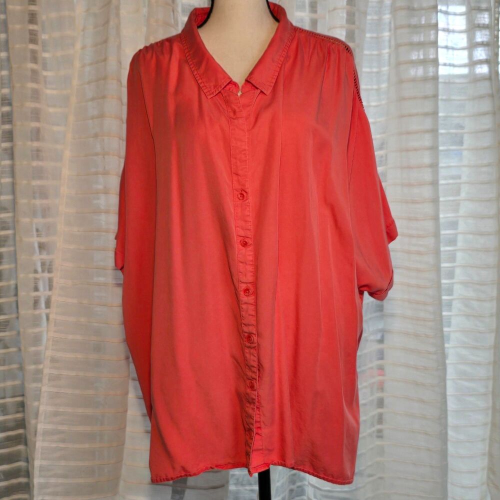 Terra & Sky Orange Lyocell 3X (24W-26W) Button Up Short Sleeve Camp Shirt